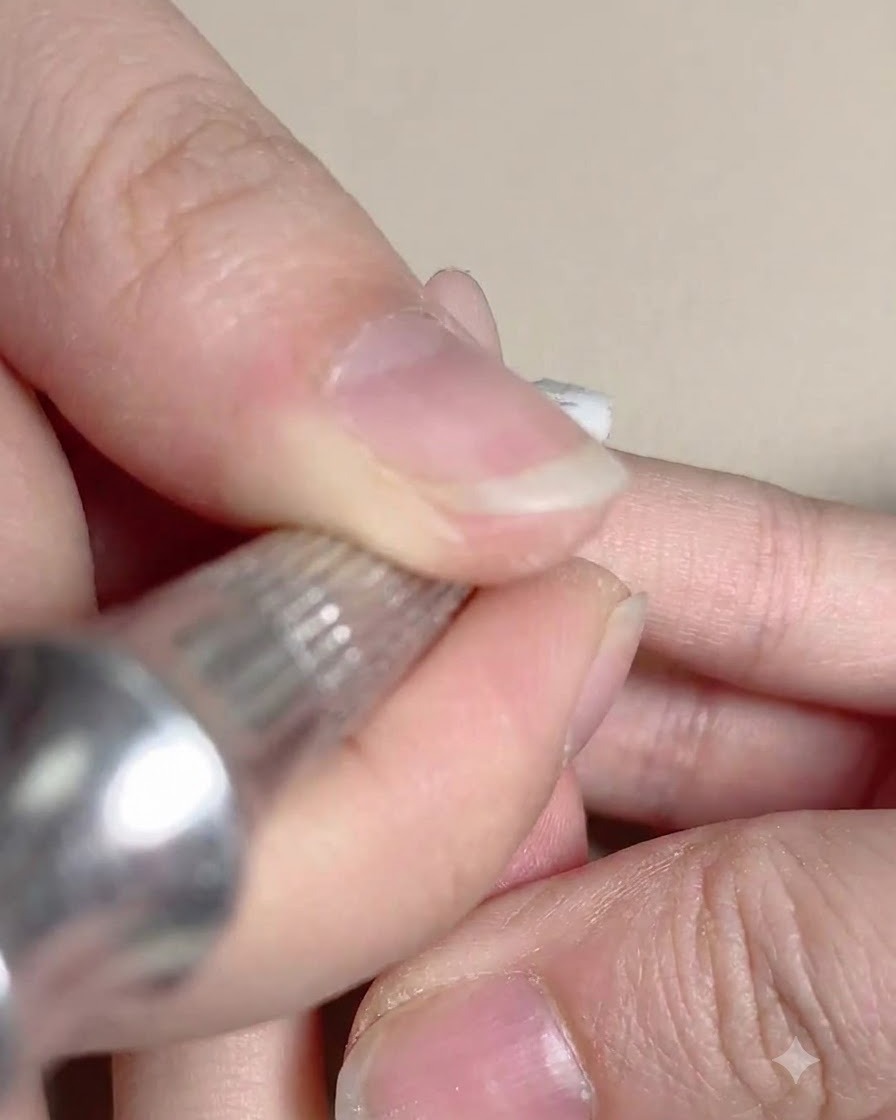 Un pequeño aplicador de esponja difuminando esmalte de gel rosa en una uña para crear un efecto de degradado.