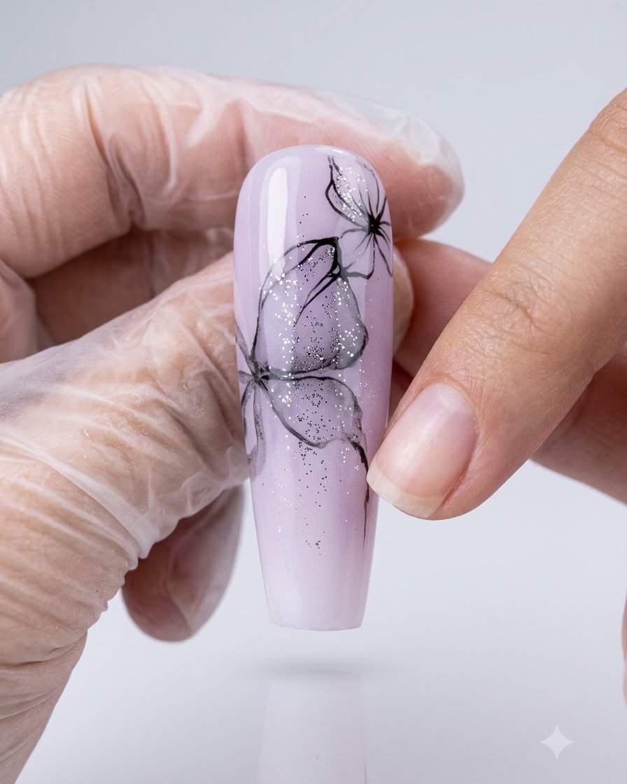 Una mano enguantada sosteniendo una punta de uña con efecto ombré morado decorada con líneas finas negras de mariposa y purpurina.