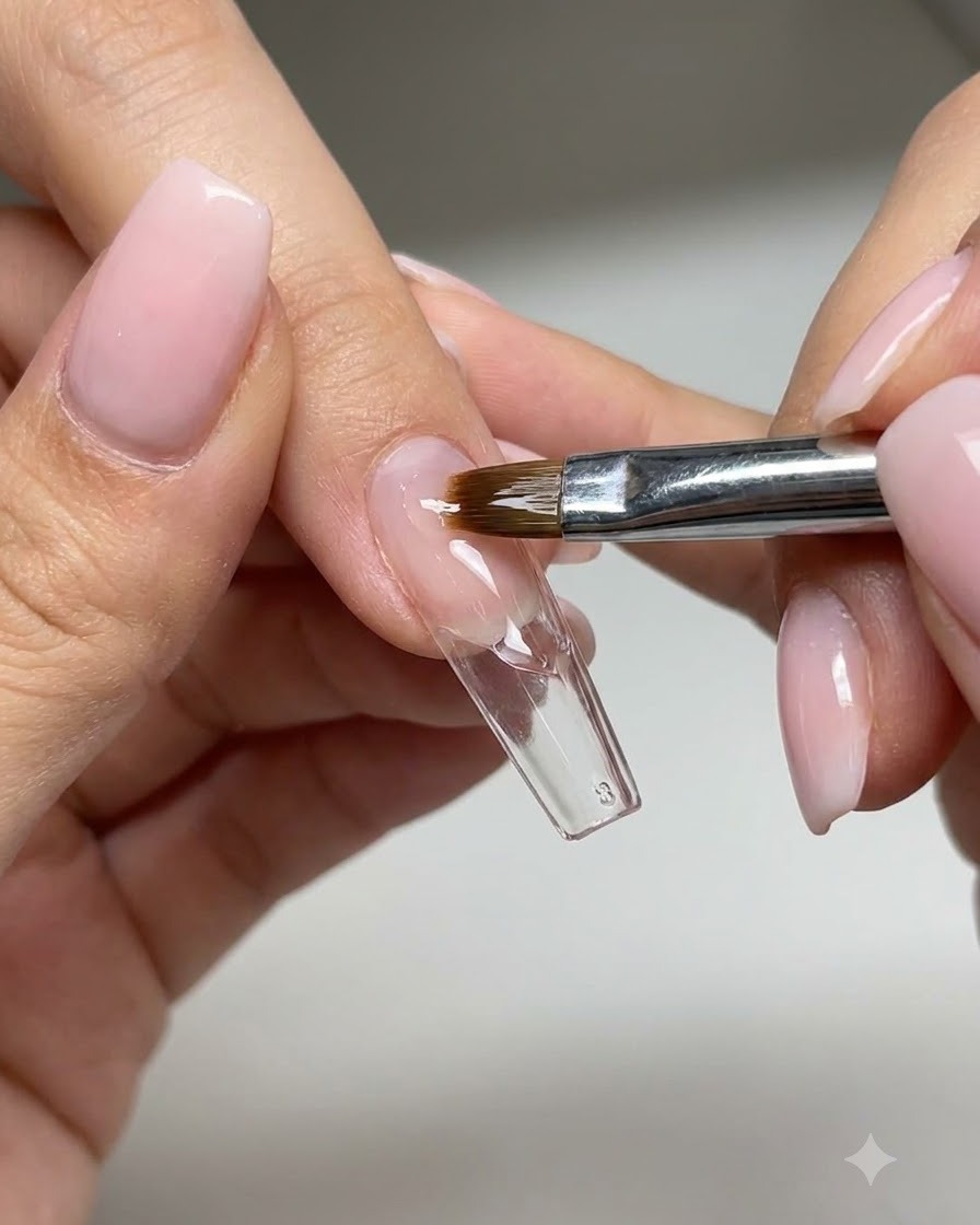 Un pincel de uñas aplicando gel blanco para pintar ondas de cinta fluidas en una punta de uña de práctica transparente.