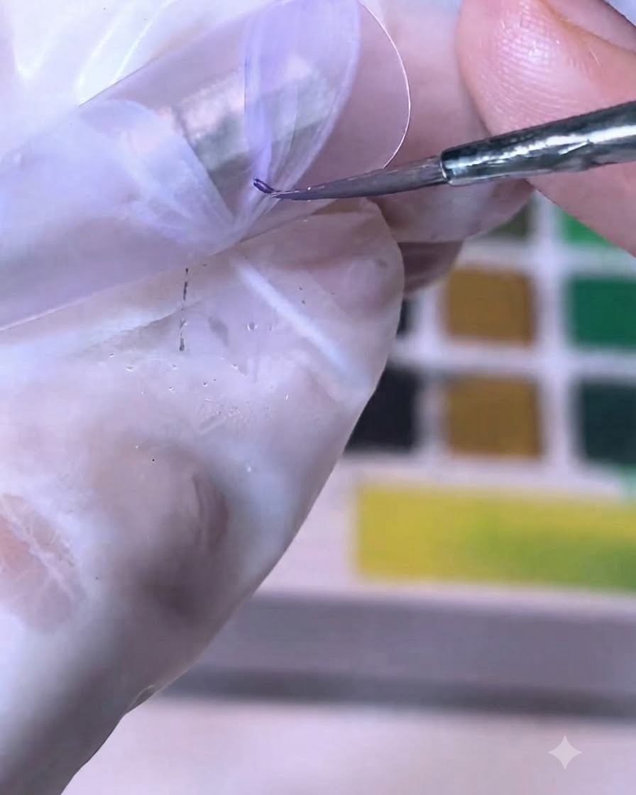 Un pincel fino aplicando pintura de acuarela morada sobre un diseño de cinta blanca en una punta de uña.