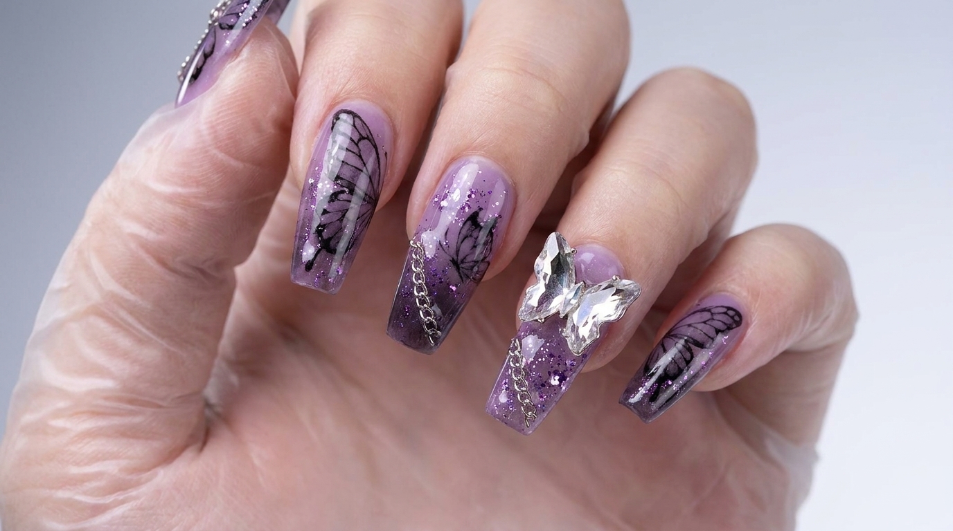 Uñas Gel Punk Mariposa en Tonos Morados: Tutorial Paso a Paso