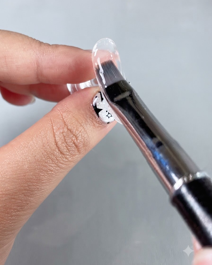 Un pincel de gel extendiendo uniformemente una capa de gel base de resina transparente sobre la superficie de una uña de práctica.