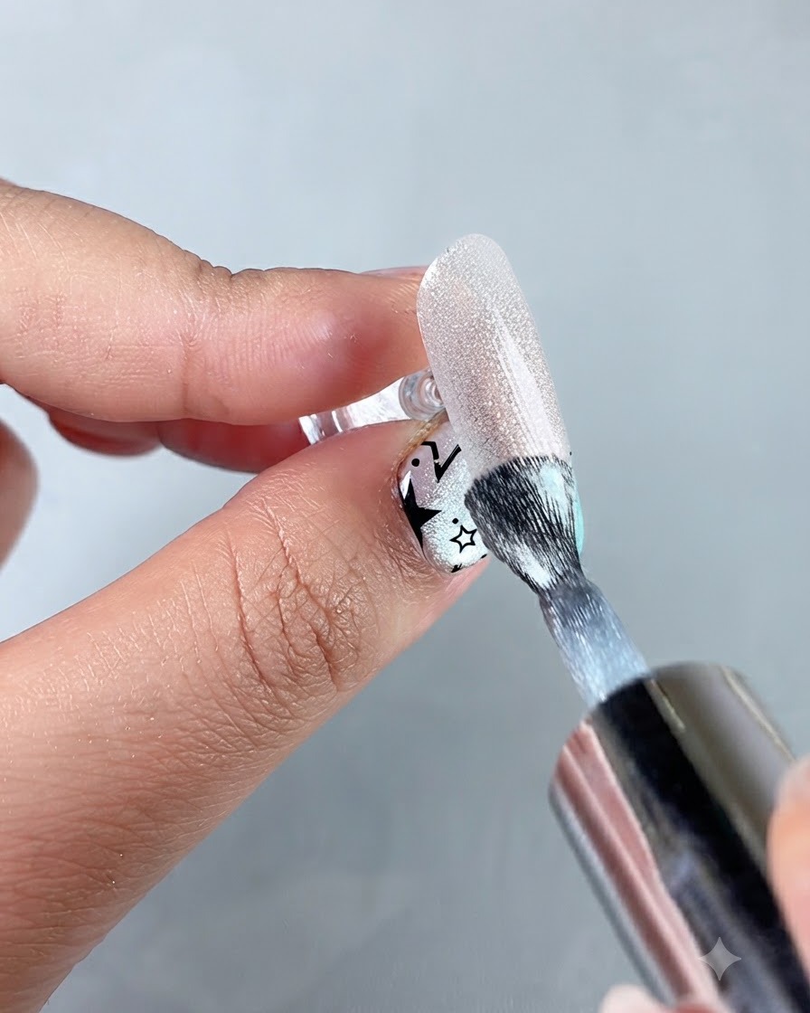 Un pincel aplicando gel cat eye sparkling water de manera uniforme sobre la superficie de la uña preparada.