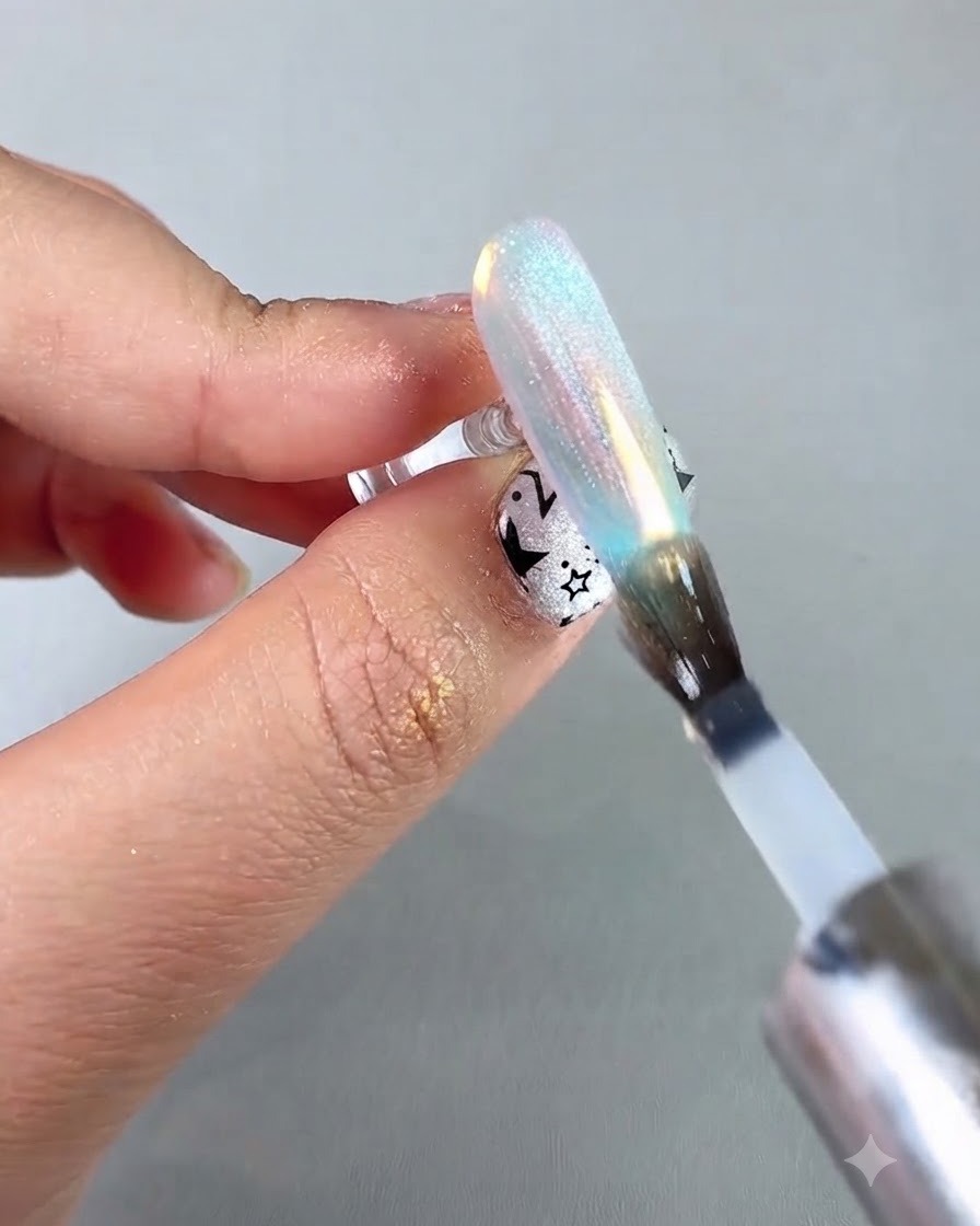 Un pincel de uñas aplicando una capa superior selladora protectora sobre una uña de cromo aurora iridiscente.