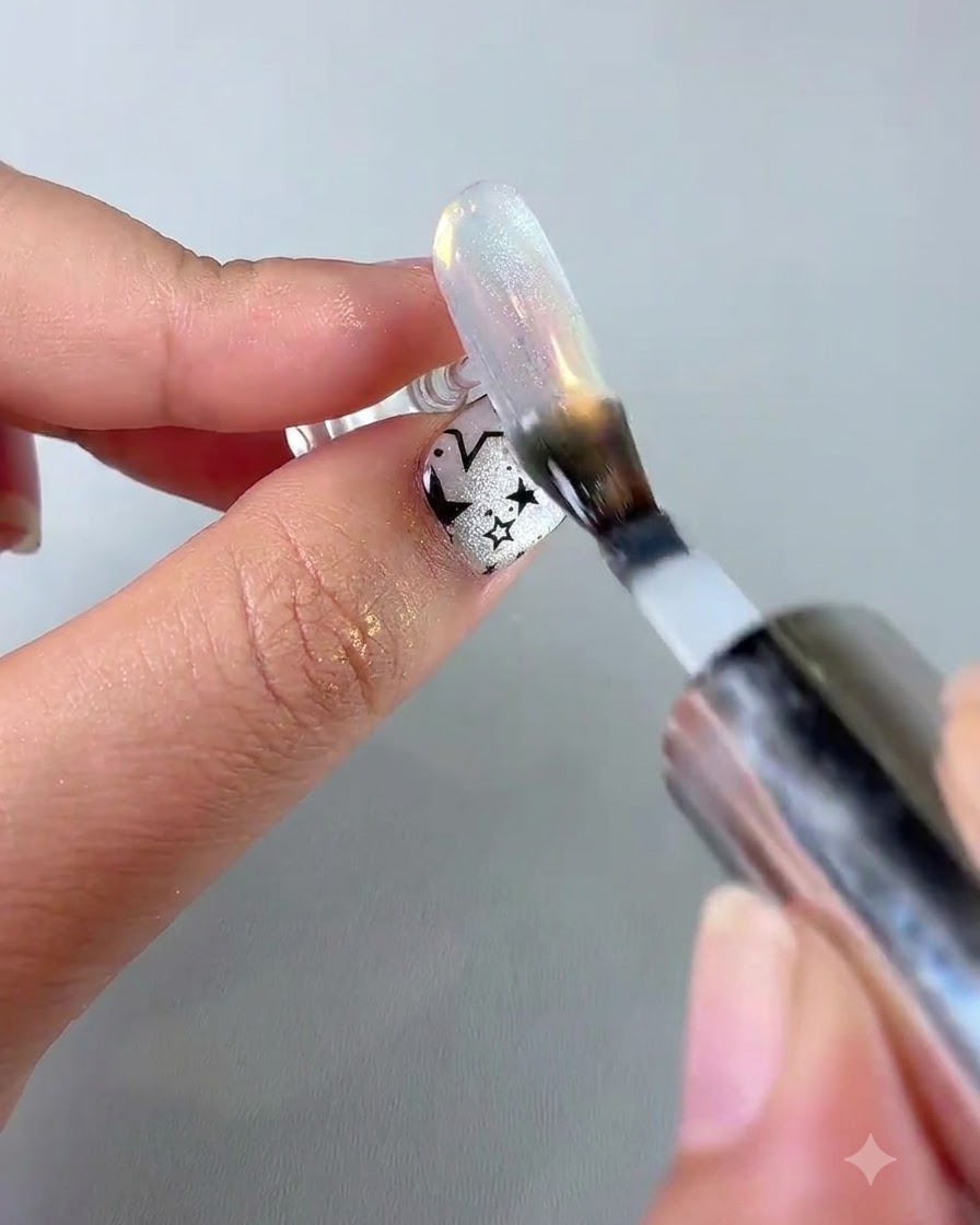 Un pincel de uñas aplicando una capa superior brillante final sobre un diseño de uña aurora bubble cat eye terminado.