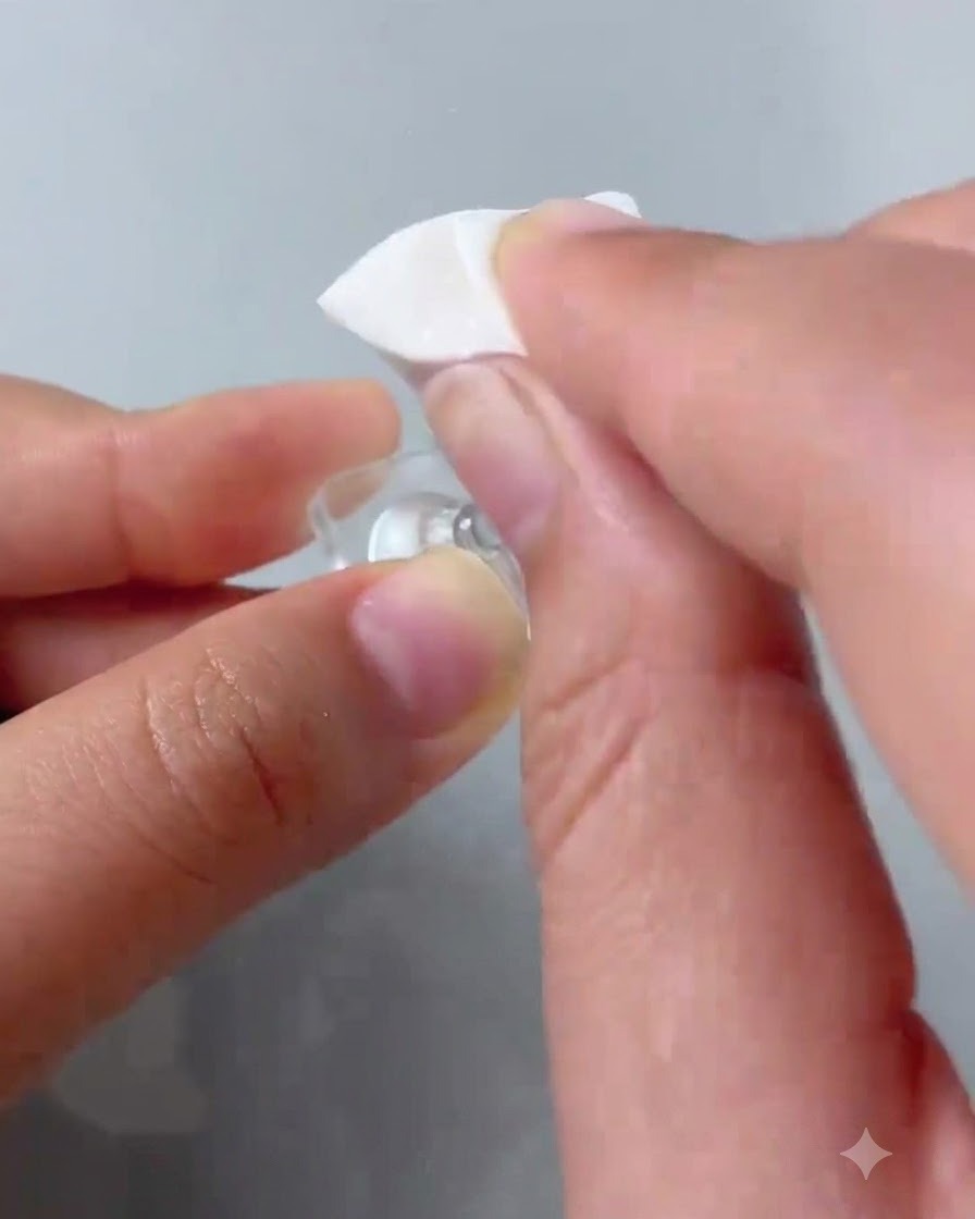 Un aplicador de esponja aplicando esmalte en gel rosa sobre la punta de una uña de práctica transparente.