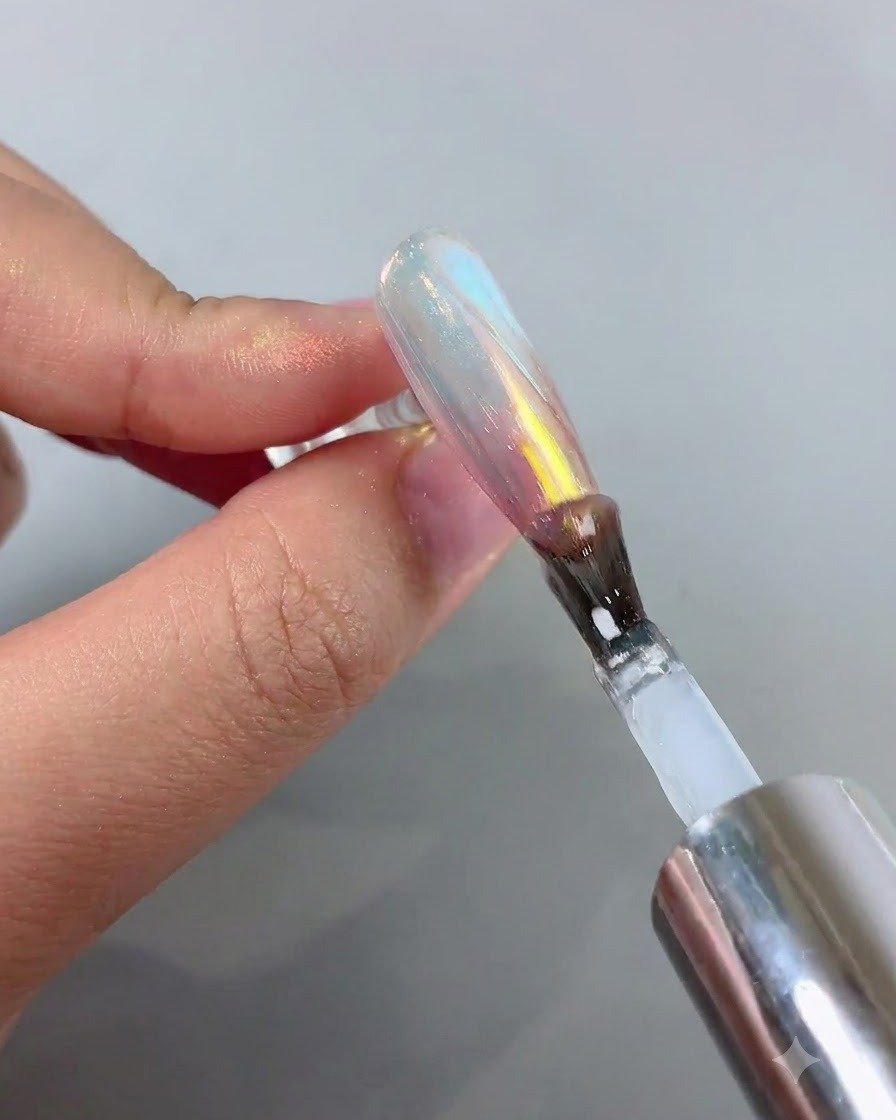 Un pincel de uñas aplicando un top coat transparente sobre una uña con un acabado cromo aurora de rosa a azul.