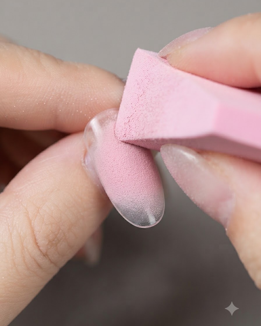 Un pincel aplicando gel de rubor rosa nude suave en el centro de una punta de uña de práctica.