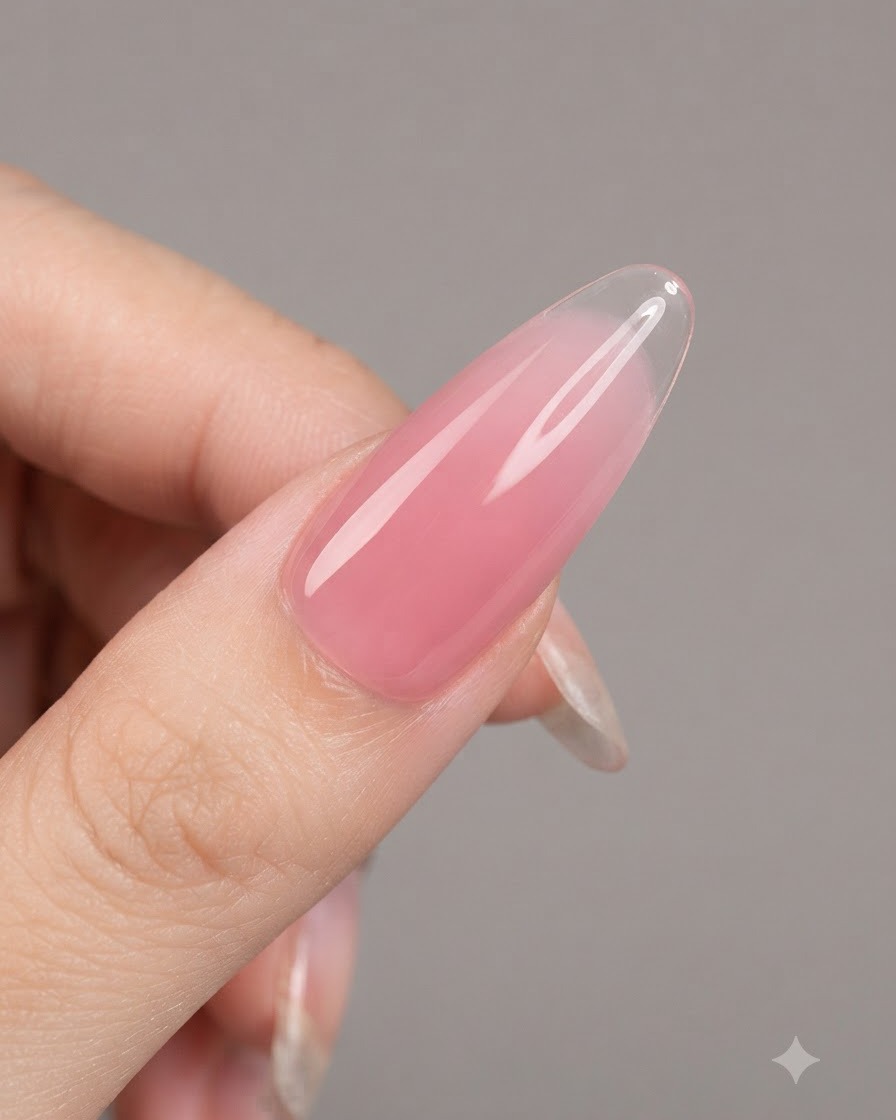 Uñas curándose bajo una lámpara UV/LED después de la aplicación del gel nude translúcido.