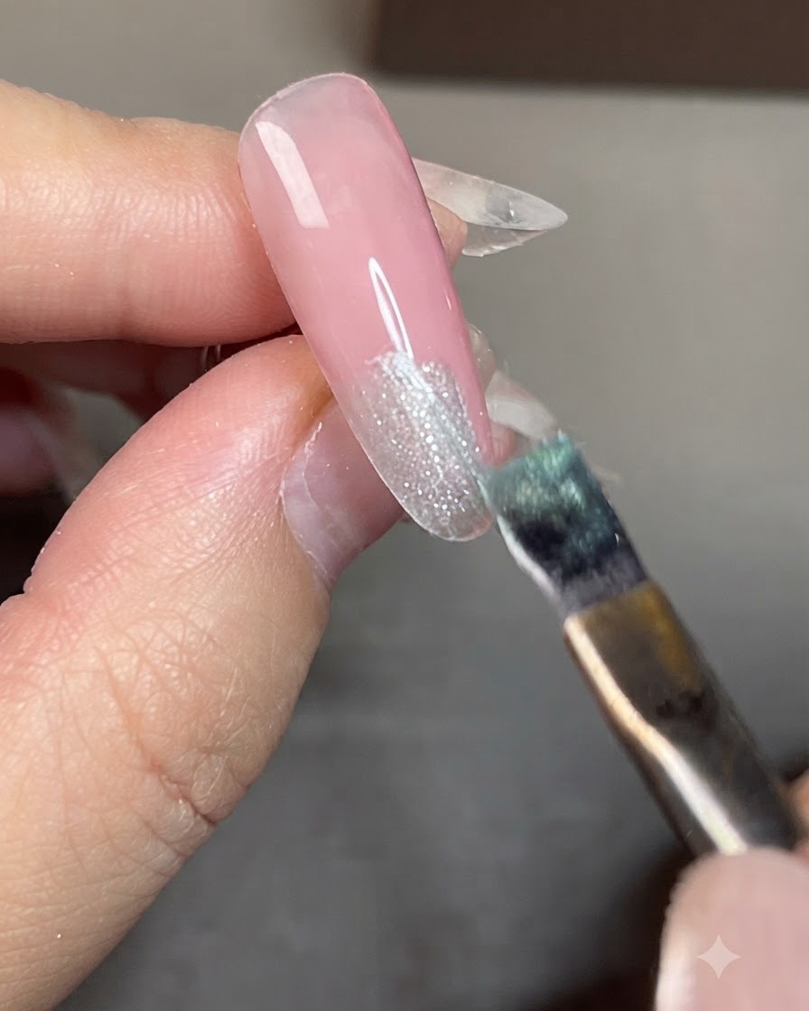 Un pincel aplicando esmalte de gel cat-eye azul en la punta de una uña.