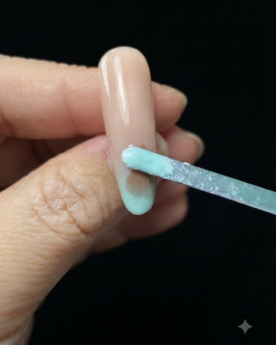 Una esponja de maquillaje aplicando esmalte de gel azul claro y verde en la punta de una uña nude.