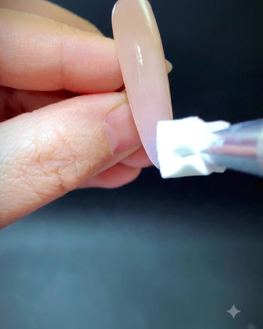 Una esponja aplicando pigmento azul y verde hacia arriba en una extensión de uña nude.