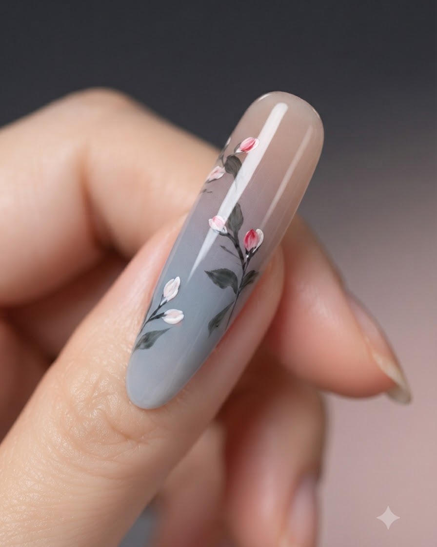 Vista de cerca de un diseño de arte en uñas que muestra finos contornos oscuros alrededor de los capullos pintados.