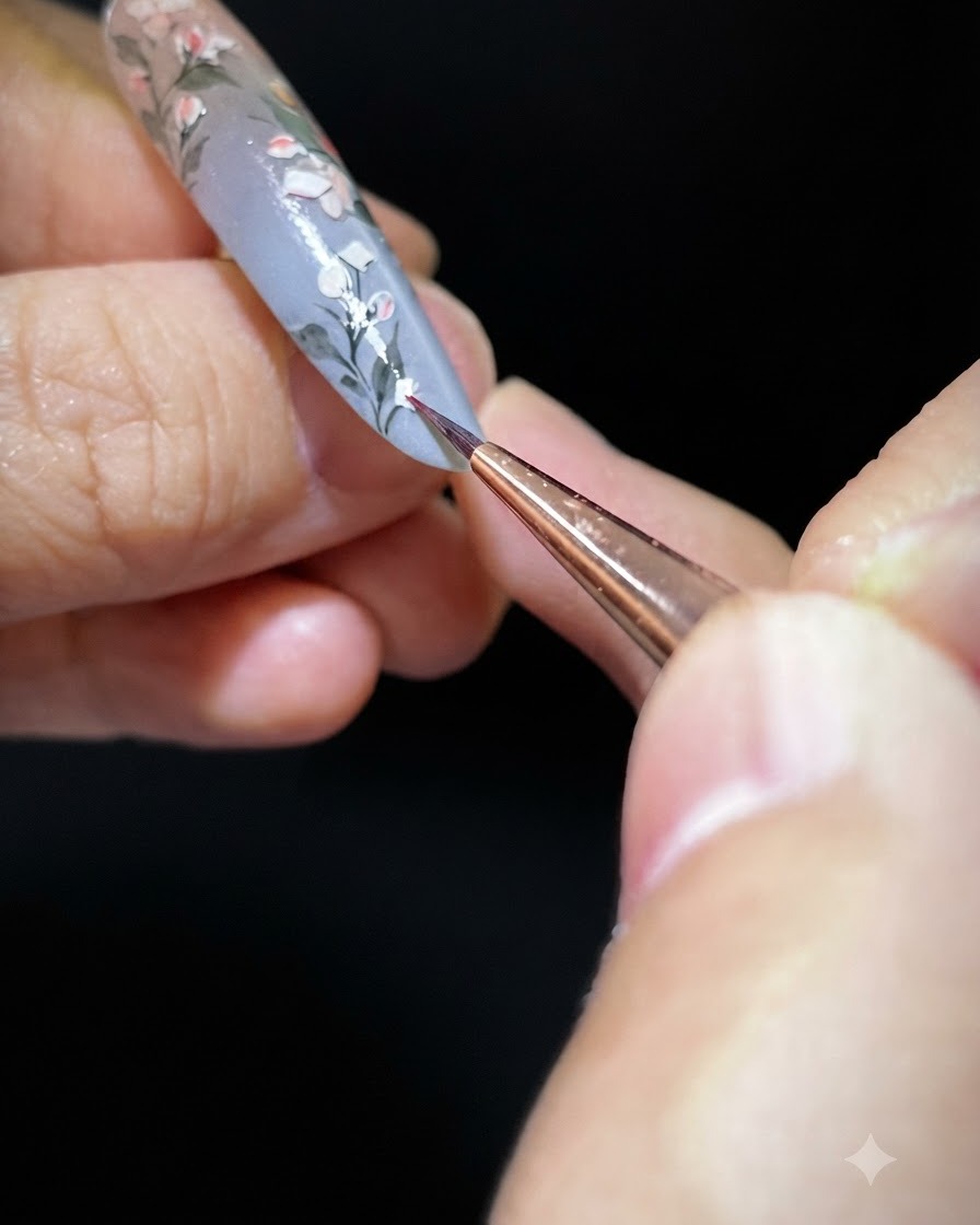 Un pincel cubriendo toda la superficie de la uña con gel constructor transparente para sellar el arte de uñas.