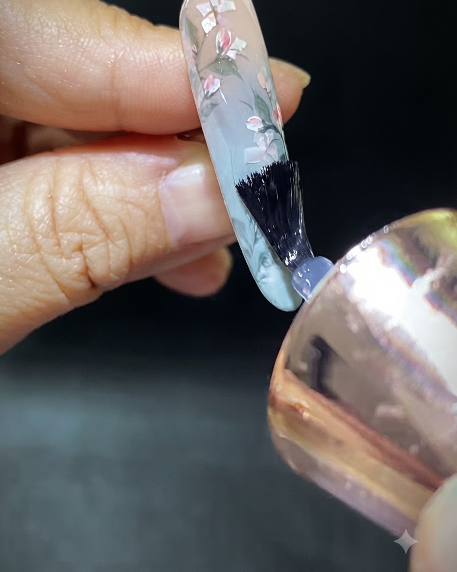 Un pulidor de uñas alisando la superficie de un diseño de uña de concha terminado.
