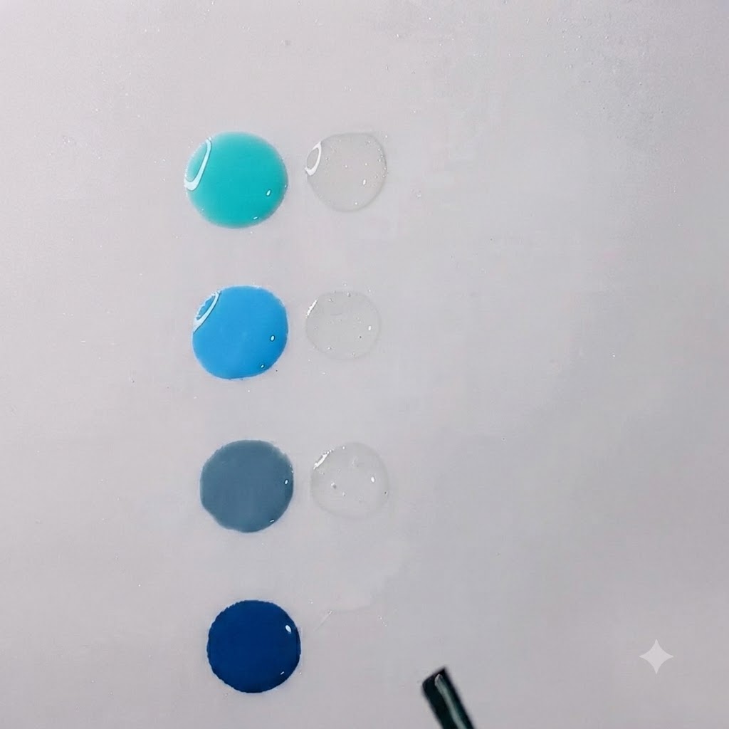 Gotas de gel azul agua vibrante y gel transparente colocadas ordenadamente sobre una paleta de mezcla blanca y limpia.