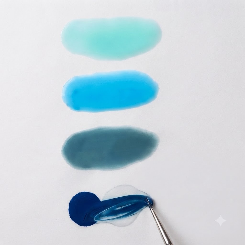 Un pincel de uñas mezclando gel azul Morandi oscuro con gel transparente sobre una paleta de mezcla blanca.