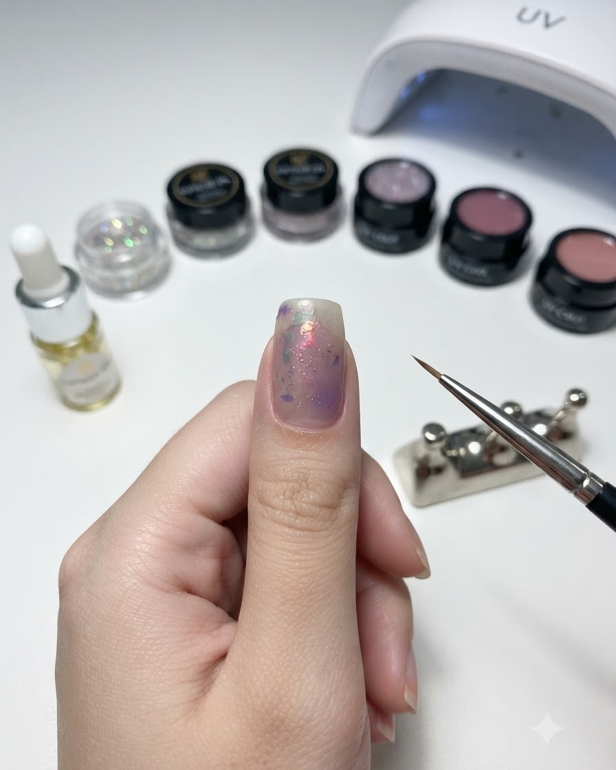 Una mano sosteniendo un pincel delineador fino junto a una superficie de trabajo con productos para uñas, mostrando un pulgar con nail art morado difuminado.