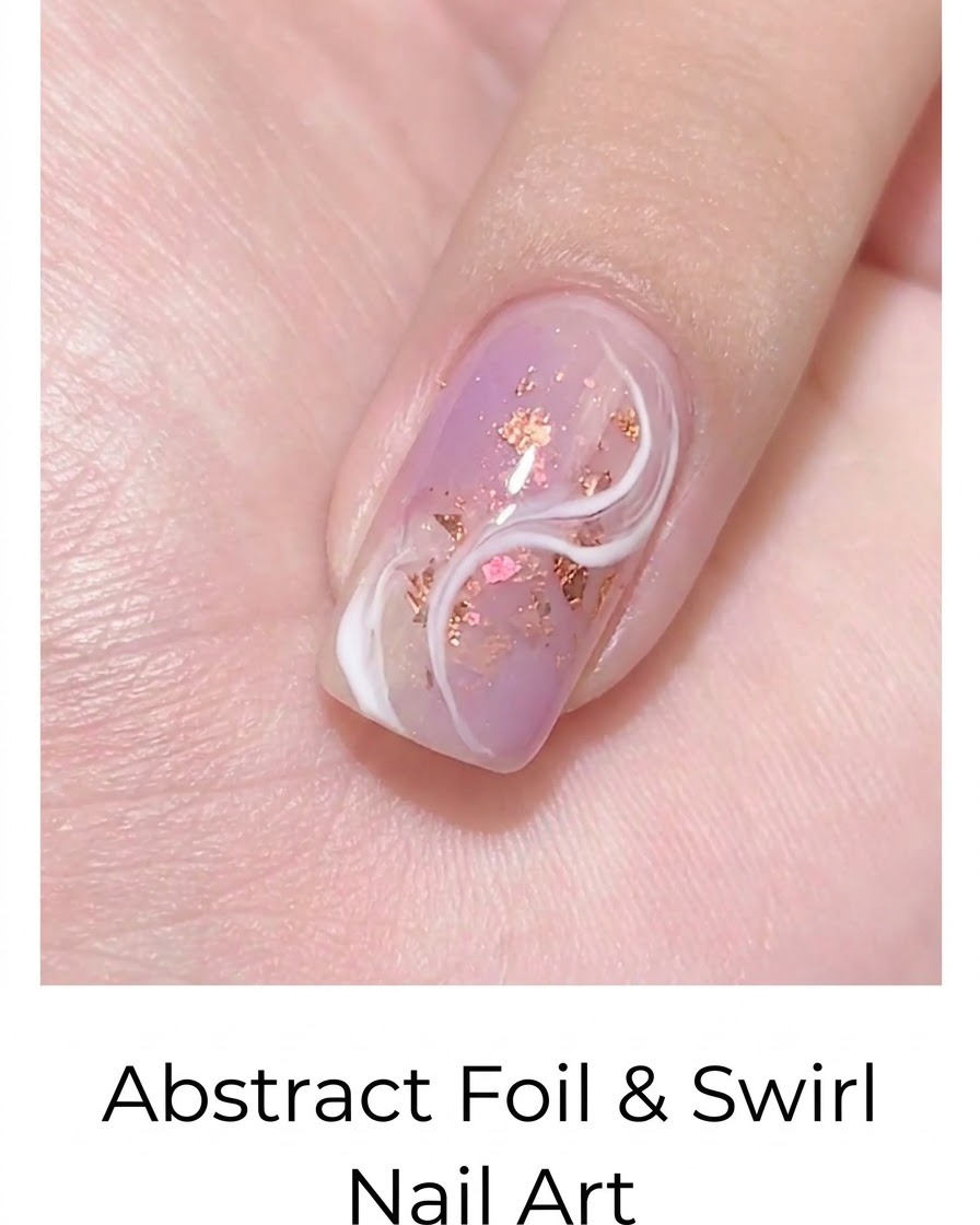 Un primer plano de un diseño de nail art abstracto terminado que presenta una veta blanca ahumada sobre un fondo morado con escamas metalizadas.