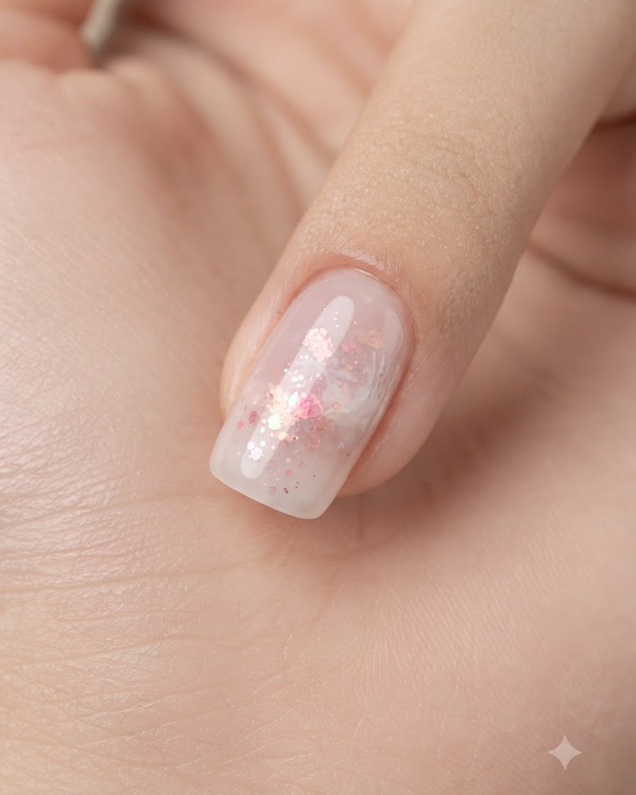 Un pincel plano deslizando una capa transparente de gel sobre una uña decorada con purpurina rosa y detalles blancos.