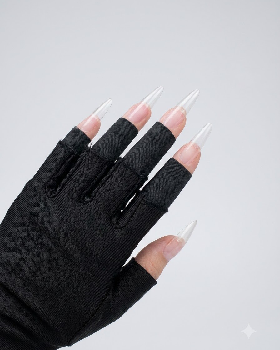 Vista de cerca de manos con guantes negros y extensiones de uñas transparentes y preparadas.