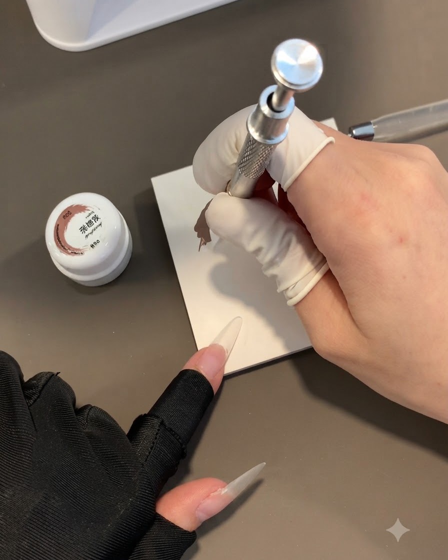 Una mano con guante utilizando una esponja especial para aplicar gel gris sobre una uña larga transparente.