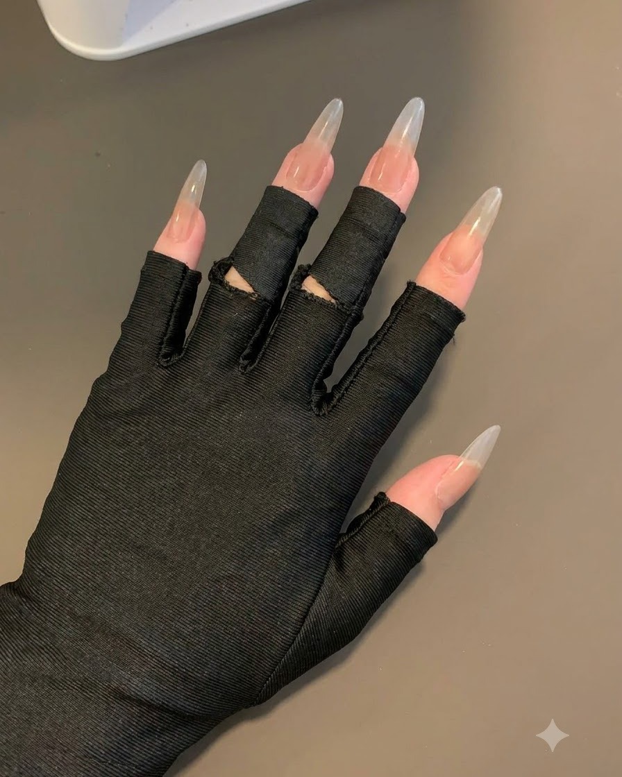 Una mano con guantes negros sin dedos mostrando uñas largas con una suave base degradada en gris.