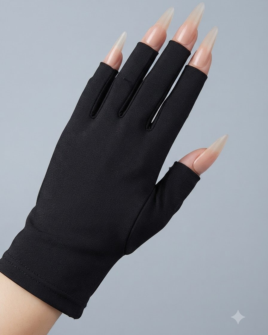 Una mano con guantes negros descansando dentro de una lámpara de uñas mientras se curan con luz.