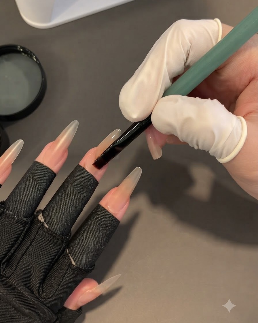 Un pincel alisando una capa transparente de gel base espeso sobre una uña alargada de tono nude.