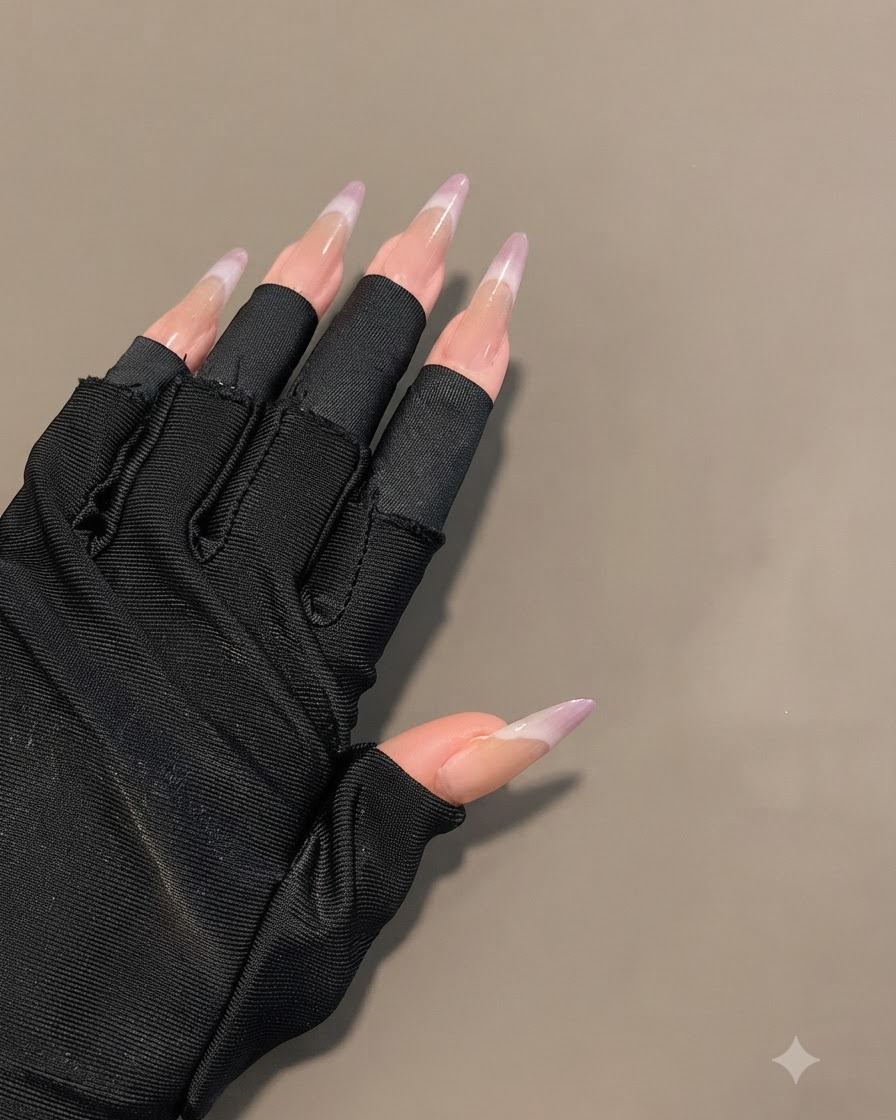 Una mano con guantes negros sin dedos mostrando uñas ovaladas largas con un degradado de púrpura translúcido completado.
