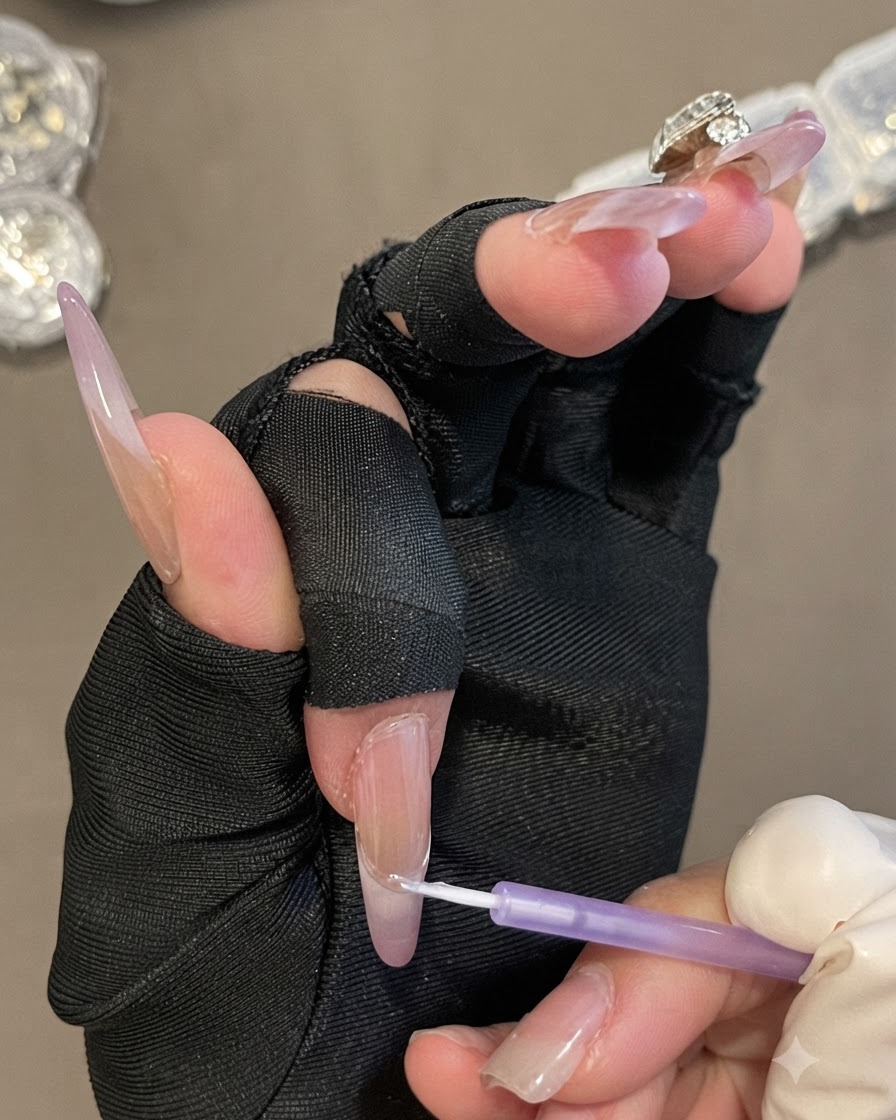 Una mano con guantes negros sin dedos sosteniendo un pincel para aplicar gel transparente alrededor del área de la cutícula de una uña.