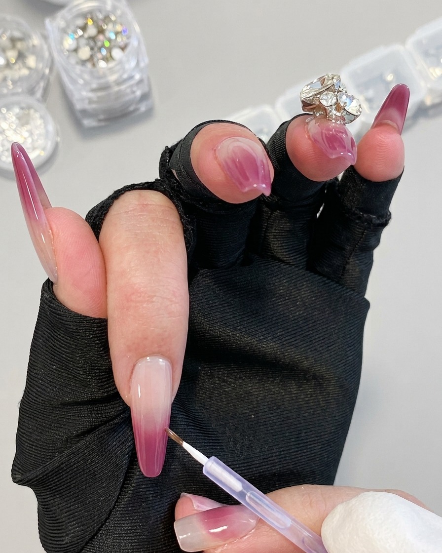 Una mano con guantes negros sosteniendo un pincel de detalle fino para aplicar gel púrpura en una línea precisa sobre una uña.