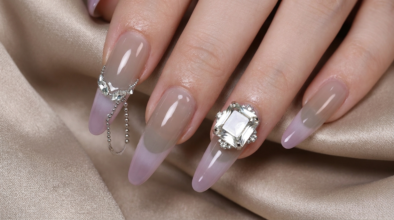 Uñas Francesas Degradadas en Gris y Púrpura con Esponja y Pedrería