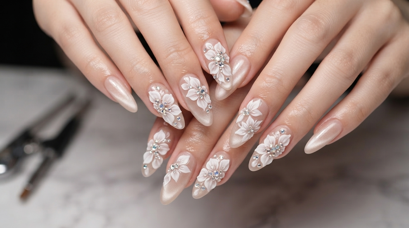 Uñas de Ojo de Gato Blancas con Flores Celestiales — Tutorial Paso a Paso