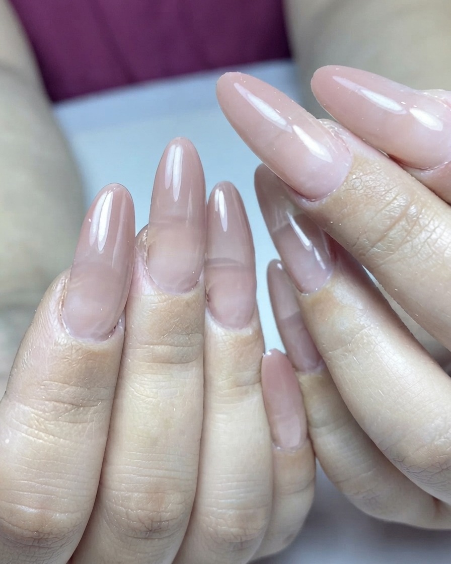 Un pincel aplicando una capa fina de gel de color rosa suave sobre uñas con forma almendrada.