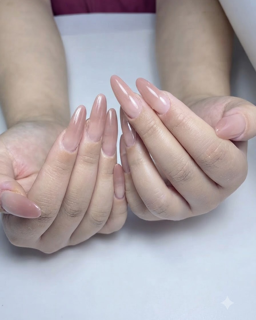 Una mano mostrando uñas almendradas con un efecto de degradado en rosa suave más profundo tras la segunda capa de color.