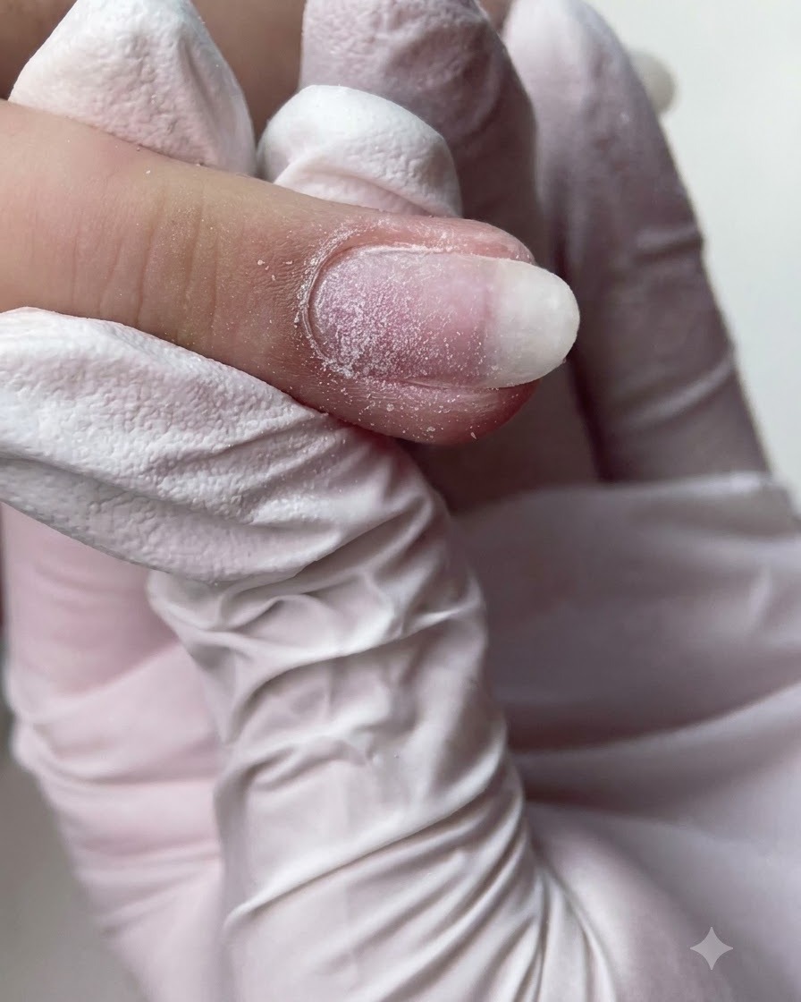 Vista de cerca de una técnica de uñas usando una fresa de cono invertido para limpiar alrededor de la zona de la cutícula.