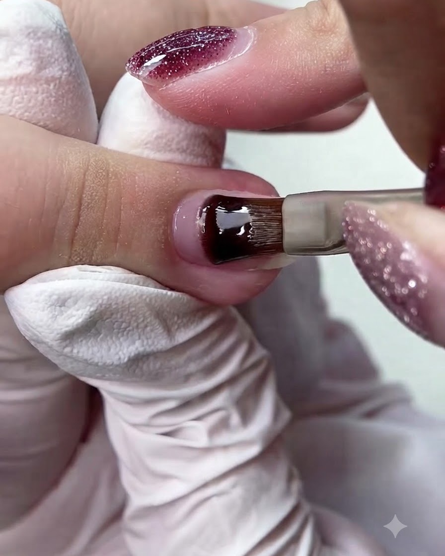 Un pincel de gel aplicando el gel base adhesivo Tricolor Fish uniformemente sobre la placa ungueal preparada.