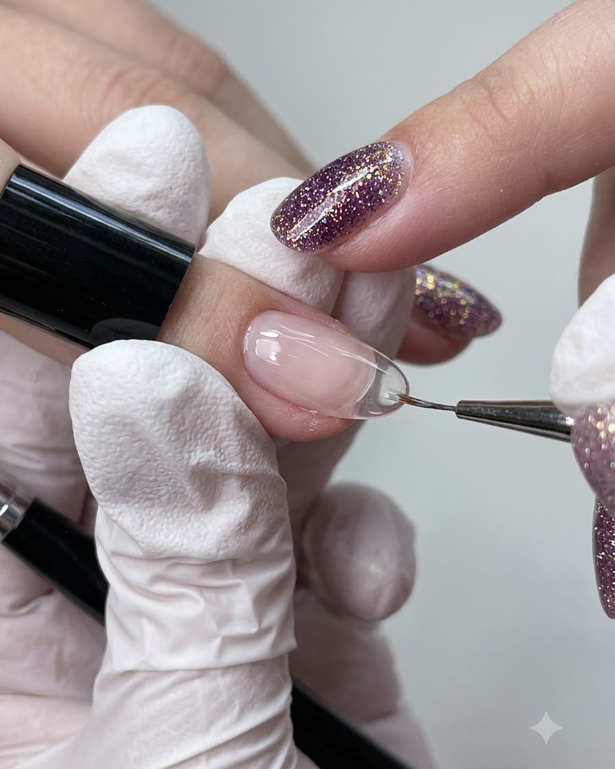 Un pincel delineador fino alisando y perfeccionando los bordes de una capa de gel constructor en una uña.