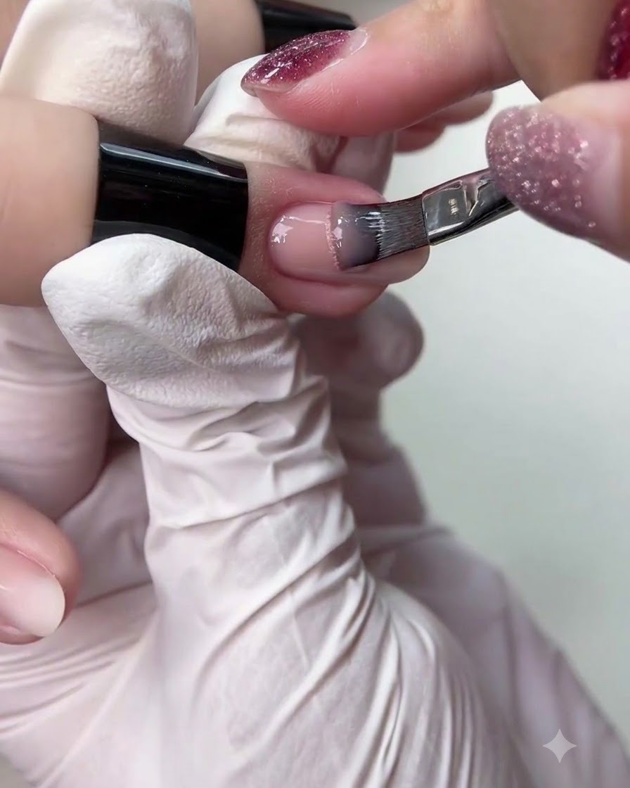 Un pincel aplicando gel blanco translúcido sobre la superficie de la uña.