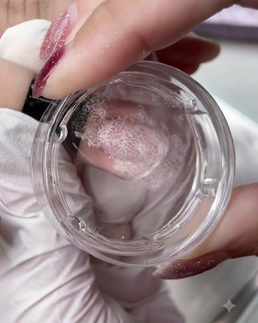 Un sello de gelatina transparente sosteniendo un diseño de encaje floral blanco transferido sobre una uña.