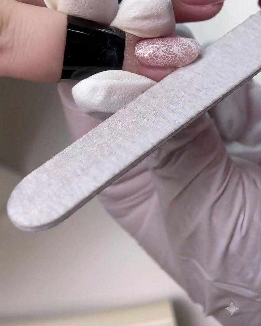 Una lima de uñas de mano alisando y refinando la forma de una uña manicurada terminada.