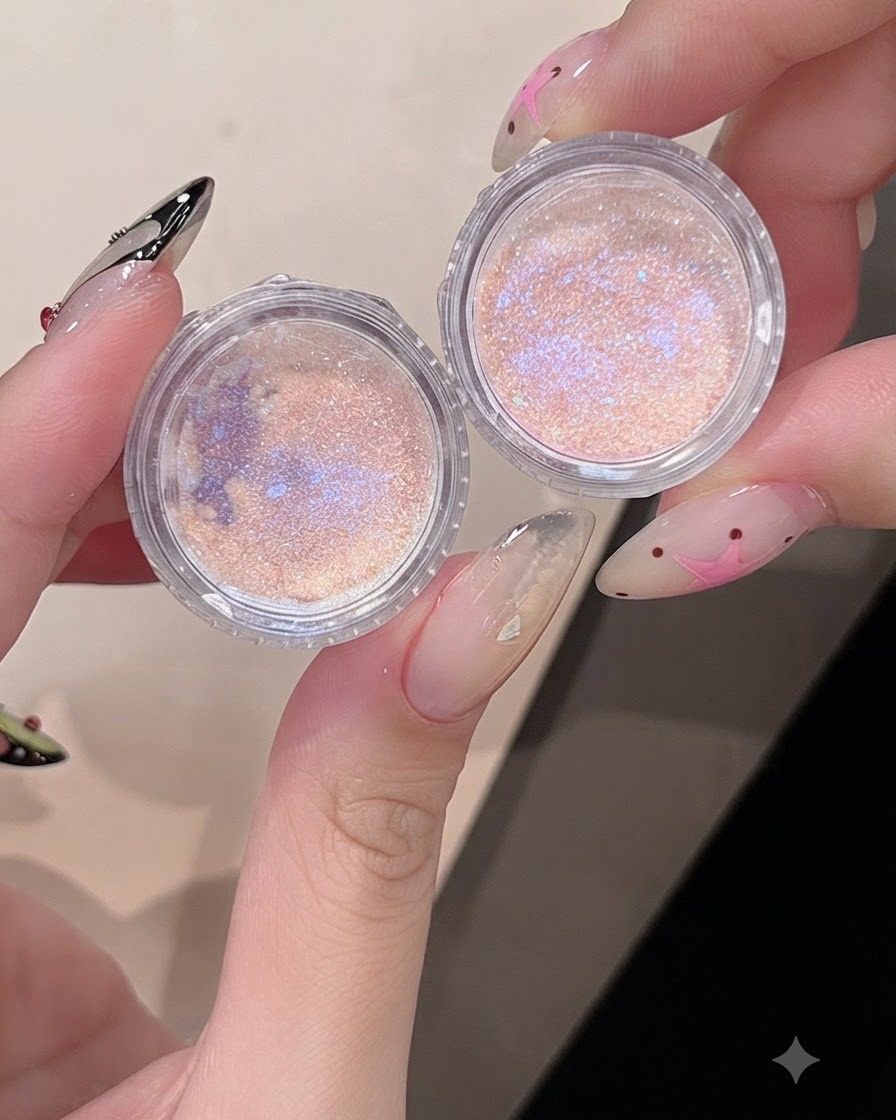 Dos pequeños frascos de polvo brillante para uñas efecto aurora abiertos uno al lado del otro.
