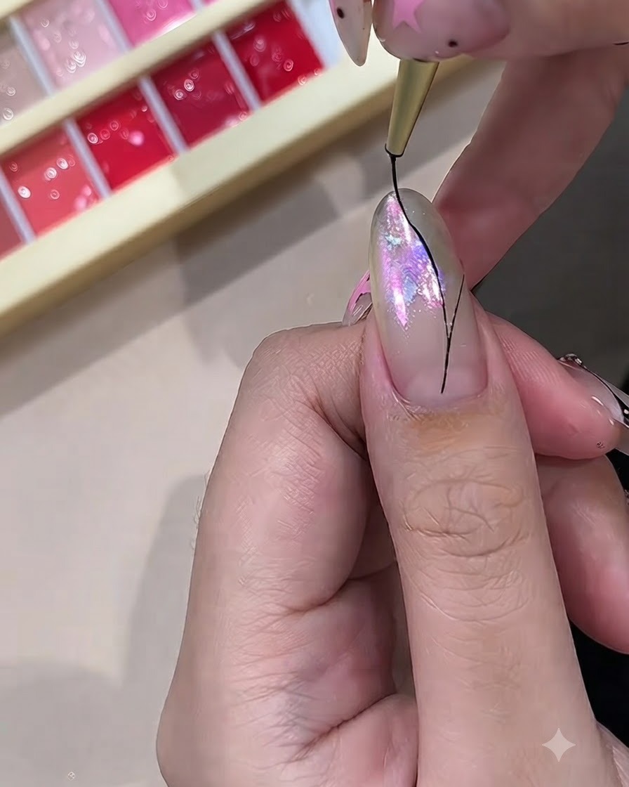Un primer plano de un pincel fino de nail art dibujando líneas negras sobre una uña iridiscente para iniciar un diseño de mariposa.