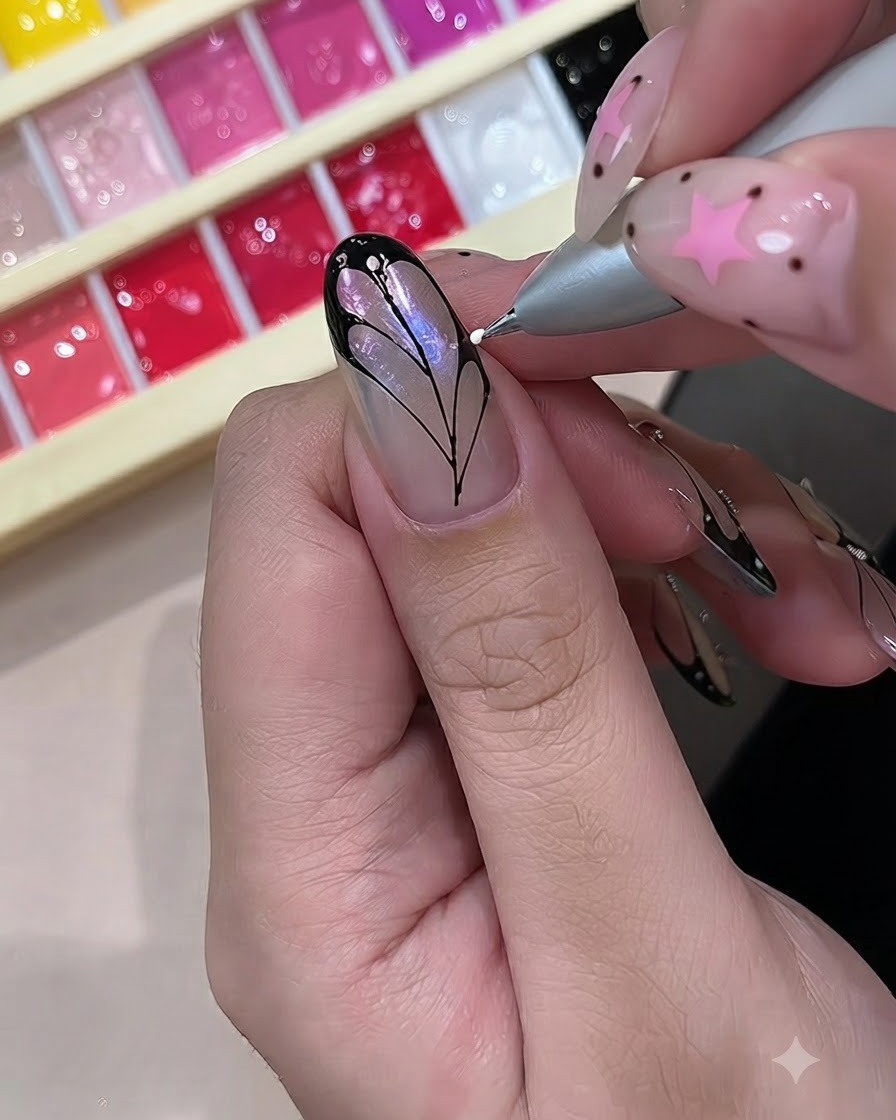 Una herramienta para hacer puntos colocando pequeños puntos blancos en los bordes negros de un nail art de ala de mariposa.