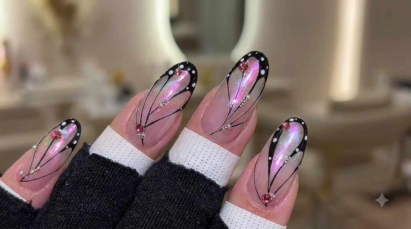 Primer plano detallado del nail art de mariposa terminado, destacando el ópalo aurora encapsulado, los intrincados contornos negros de las alas, los puntos blancos y los pequeños diamantes de imitación rojo rosa sobre un acabado brillante.