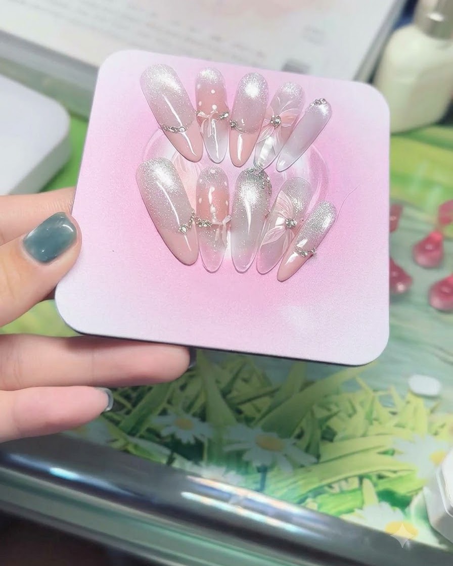 Vista de cerca de un set de uñas postizas rosas adornadas con lazos de cristal 3D y cadenas de pedrería plateada bajo una suave iluminación de estudio.