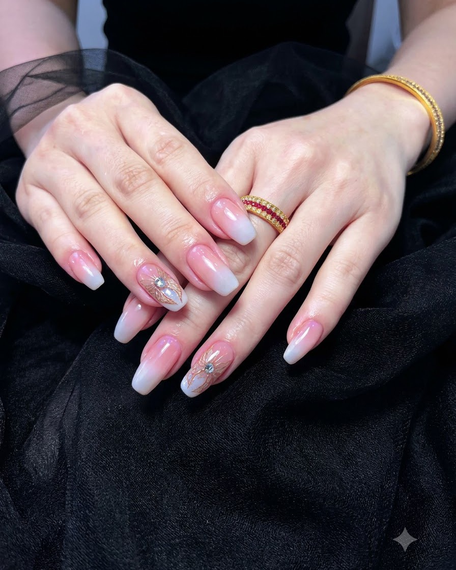Un pincel aplicando suavemente gel base color rosa nude sobre una uña preparada.