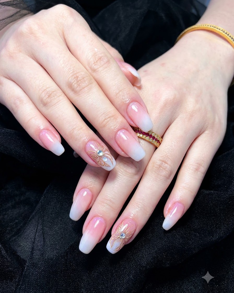 Aplicando esmalte en gel blanco lechoso en las puntas de las uñas usando un pincel fino.