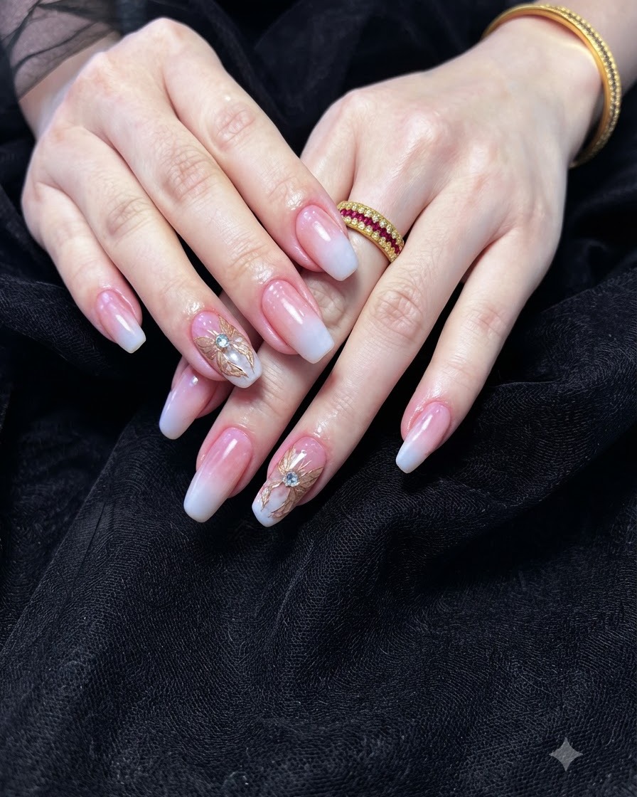 Un primer plano detallado de una segunda capa de gel blanco lechoso que se aplica para profundizar las puntas ombré.